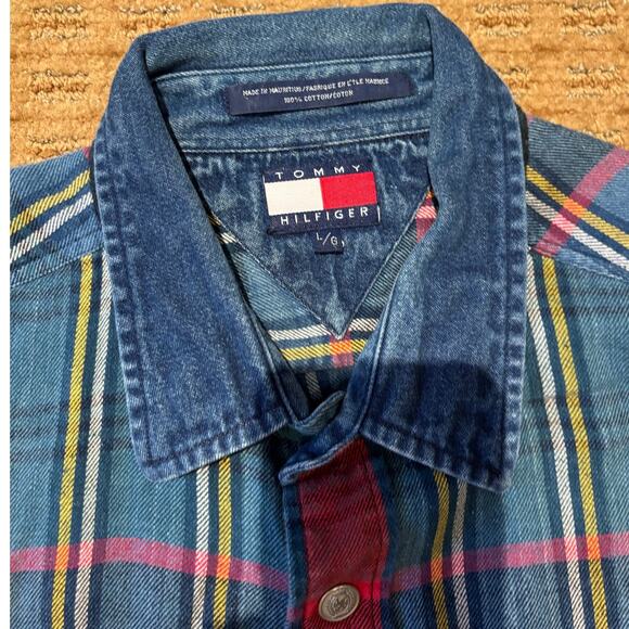 VTG '90's Tommy Hilfiger Blue & Red LS Plaid Shirt Denim, Cotton, Size Lg. - Picture 3 of 5